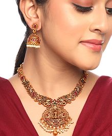 Yellow Chimes Stone Studded Lakshmi Themed Necklace With Earrings - Golden