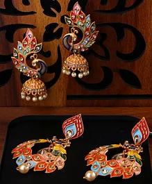Yellow Chimes Set Of 2 Peacock Design Detailed & Kundan Stone Embellished Dangling Earrings - Multi Colour