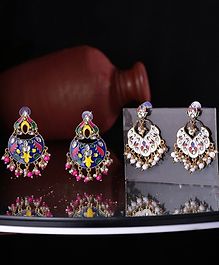 Yellow Chimes Set Of 2 Moti Embellished  Meenakari Design Detailed Chaandbali Earrings- Multi Color