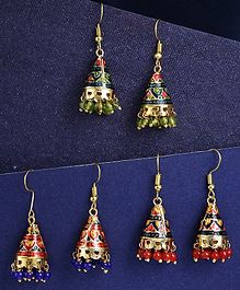 Yellow Chimes Set Of 3 Meenakari Design Detailed Jhumka - Multi Colour