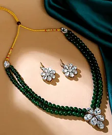 Yellow Chimes Kundan Studded Pearl Beaded Necklace With Earrings - Green