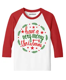 KNITROOT Full Raglan Sleeves Christmas Theme Have A Merry Merry Christmas Printed Tee - Red & White