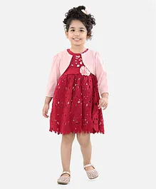 WhiteHenz Clothing Sleeveless Floral Applique Chemical Lace Dress With Full Sleeves Tang Tang Jacket - Pink Maroon