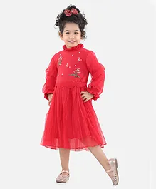 WhiteHenz Clothing Full Sleeves Ditsy Floral Detail Winter Party Dress - Red