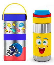 Rabitat Combo Mealmate Max insulated Food Jar with Add on steel Container & Clean Lock Insulated Stainless Steel Bottle Blue Yellow -  410 ml