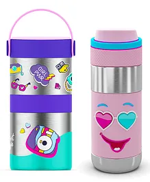 Rabitat Combo Mealmate Max insulated Food Jar with Add on steel Container & Clean Lock Insulated Stainless Steel Bottle Diva Pink Blue - 410 ml