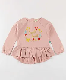 JusCubs Full Sleeves Sweet Heart & Floral Embroidered Ruffled Bottom Flared Top - Light Pink