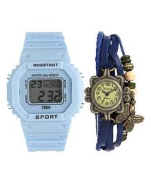 Fantasy Set Of 2 Digital & Braided With Beaded Belt Embellished Wrist Watch - Blue