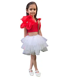 Aglare Christmas Theme Floral Statement Top & Skirt - Red & White