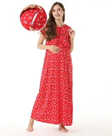 Bella Mama Cotton Half Sleeves Floral Print Nursing & Maternity Nighty with Concealed Zipper - Red