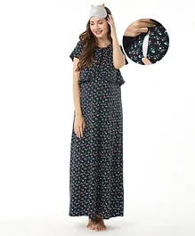 Bella Mama Cotton Half Sleeves Floral Print Nursing & Maternity Nighty with Concealed Zipper - Navy Blue