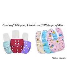 Tiny Tycoonz  Resuable and Washable Diapers with 3 Microfiber Extra Absorvent Seven Layers Inserts and 3 Waterproof Bibs Pack of 3 - Multicolour