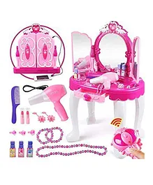 Planet of Toys Beauty Makeup Kit Cosmetic Set 2 in 1 Vanity Table Portable Trolley Pretend Play Set Toy with Make up Accessories - Pink