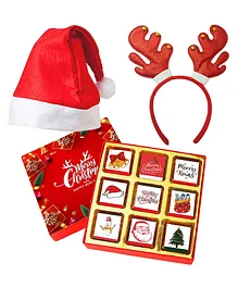 Chocoloony Merry Christmas Milk Chocolate Box Santa Cap And Hair Band Combo Set - 9 Pieces