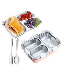 New Pinch 3 compartment  Stainless Steel Lunch Box with Spoon and Fork - Pink