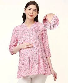 Bella Mama Three Fourth Sleeves Viscose Floral Print Maternity Top - Pink