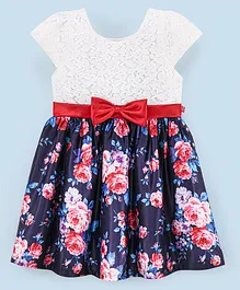 Twetoons Cap Sleeves Frock With Bow Applique & Lace Detailing Floral Print- Blue & Red