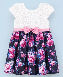 Twetoons Cap Sleeves Frock With Bow Applique & Lace Detailing Floral Print- Blue & Pink