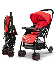 Baybee Convertible Baby Stroller for Newborn Babies with Aluminium Frame 3 Position Adjustable Canopy Reversible Seat Bassinet Safety Harness Storage Basket & Rear Brake - Red