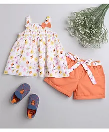 Twetoons Cotton Lycra Sleeveless Top & Shorts Set with Bow Applique Floral Print - White & Orange