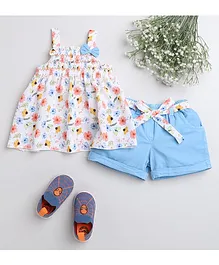 Twetoons Cotton Lycra Sleeveless Top & Shorts Set with Bow Applique Floral Print - White & Blue