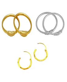 Akinos Kids Pair Of 2 Hand Crafted Brass Alloy Single Layered Nazariya Bangle Set With Pair Of Small Hoop Earrings - Golden Silver