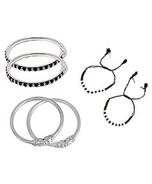 Akinos Kids Pair Of 3 Hand Crafted Brass Alloy Single Layered And Thread Beads Nazariya Bangles - Silver