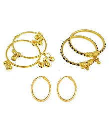 Akinos Kids Pair Of 2 Brass Alloy Hand Crafted Beads And Ghungroo Nazariya Bangles With Small Hoop Earrings - Golden