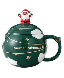 Little Surprise Box Merry Christmas Ceramic Coffee and Hot Chocolate Mug Round Cup with Matching Ceramic Lid and embellished Spoon 330 ml - Green