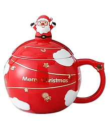 Little Surprise Box Merry Christmas Ceramic Coffee and Hot Chocolate Mug Round Cup with Matching Ceramic Lid and embellished Spoon 330 ml - Red