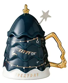 Little Surprise Box Merry Christmas Ceramic Tree Style Cup With Matching Ceramic Lid And Embellished Spoon Blue - 330 ml