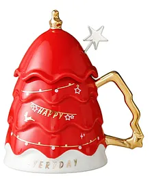 Little Surprise Box Merry Christmas Ceramic Tree Style Cup With Matching Ceramic Lid And Embellished Spoon Red - 330 ml