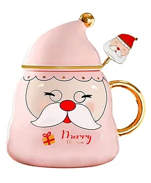 Little Surprise Box Merry Christmas Ceramic Mug Santa Face Style Cup With Matching Cap Style Ceramic Lid And Embellished Spoon Pink - 330 ml