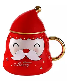 Little Surprise Box Merry Christmas Ceramic Mug Santa Face Style Cup With Matching Cap Style Ceramic Lid And Embellished Spoon Red - 330 ml
