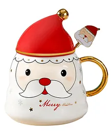 Little Surprise Box Merry Christmas Ceramic Mug Santa Face Style Cup With Matching Cap Style Ceramic Lid And Embellished Spoon White - 330 ml
