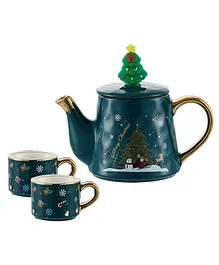 Little Surprise Box Merry Christmas Ceramic Tea Pot with matching 2 Coffee Cup Set Green - 770 ml