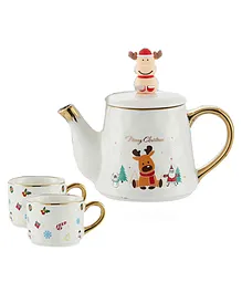 Little Surprise Box Merry Christmas Ceramic Tea Pot with matching 2 Coffee Cup Set White - 770 ml