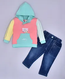 KETIMINI Full Sleeves Colour Block Hooded Sweatshirt With Solid Denim Pant - Pink