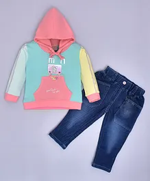 KETIMINI Full Sleeves Multicolour Hooded Sweatshirt and Denim Pant Set - Pink