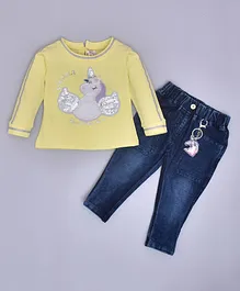 KETIMINI Full Sleeves Sprinkle Some More Love With Sequin Embellished Unicorn Sweatshirt With Denim Pant - Yellolw