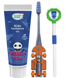 Buddsbuddy Kids Oral Care Combo Racer Toothbrush Bubble Gum Toothpaste Leo Tongue Cleaner - Multicolour