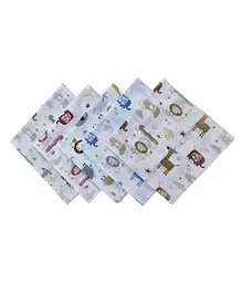 Trance Home Linen Super Soft 100% Cotton Thin Malmal Face Towels Hygiene Wash Cloth Hankies for New Babies Cotton Reusable Napkins Stars and Animals - 5 pcs