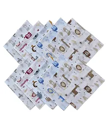 Trance Home Linen Super Soft 100% Cotton Thin Malmal Face Towels Hygiene Wash Cloth Hankies for New Babies Cotton Reusable Napkins Stars and Animals - 10 pcs