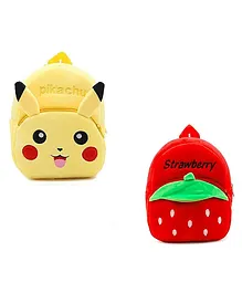 PROERA Strawberry & Pikachu Kids School Bag Soft Cartoon Plush Bag Pack of 2 - 11 inches