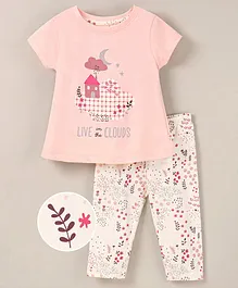 Ollypop Cotton Lycra Knit Half Sleeves Night Suit Floral Print - Baby Pink