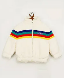 Little Jump Full Sleeves Muticolor Striped Faux Fur Jacket - White