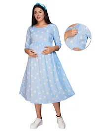 Mamma's Maternity Three Fourth Sleeves Motif Printed Maternity & Nursing Dress - Blue