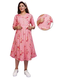 Mamma's Maternity Three Fourth Sleeves Cotton Flower Printed Maternity Dress - Pink