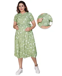 Mamma's Maternity Knee Length Short Sleeves Printed Rayon Maternity Dress - Olive Green White