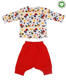 Candy Cot Half Sleeves Vehicles Print Vest Top And Solid Pant Organic Cotton Set - Red